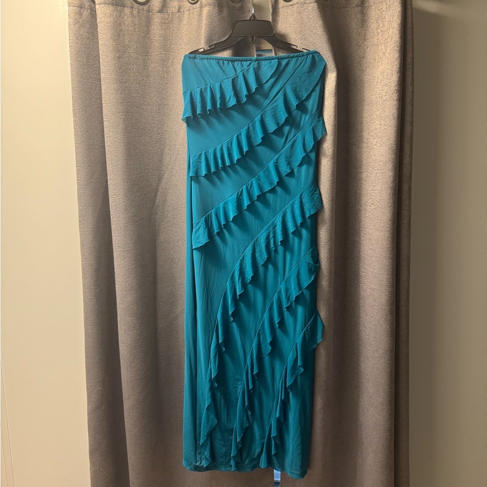 PrettyGarden Teal Strapless Ruffle Maxi Dress Women’s L